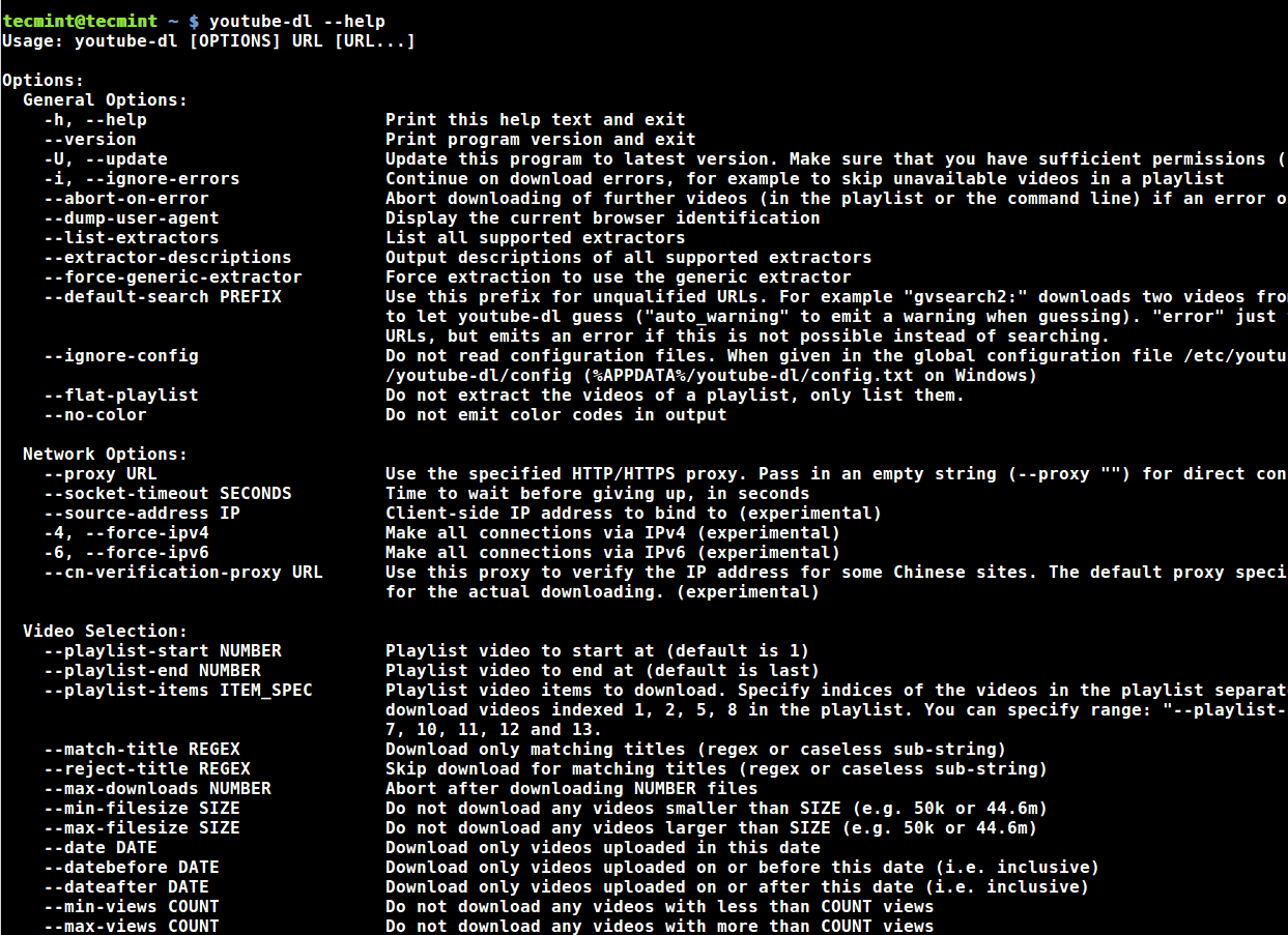 Youtube-DL Help Menu
