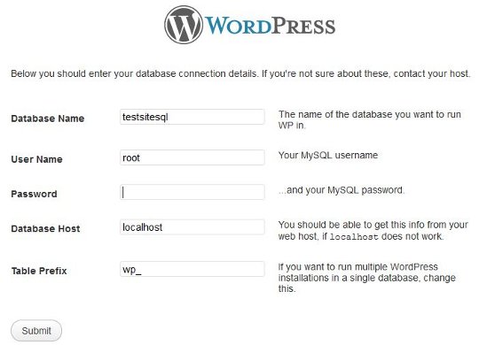 Wordpress database settings