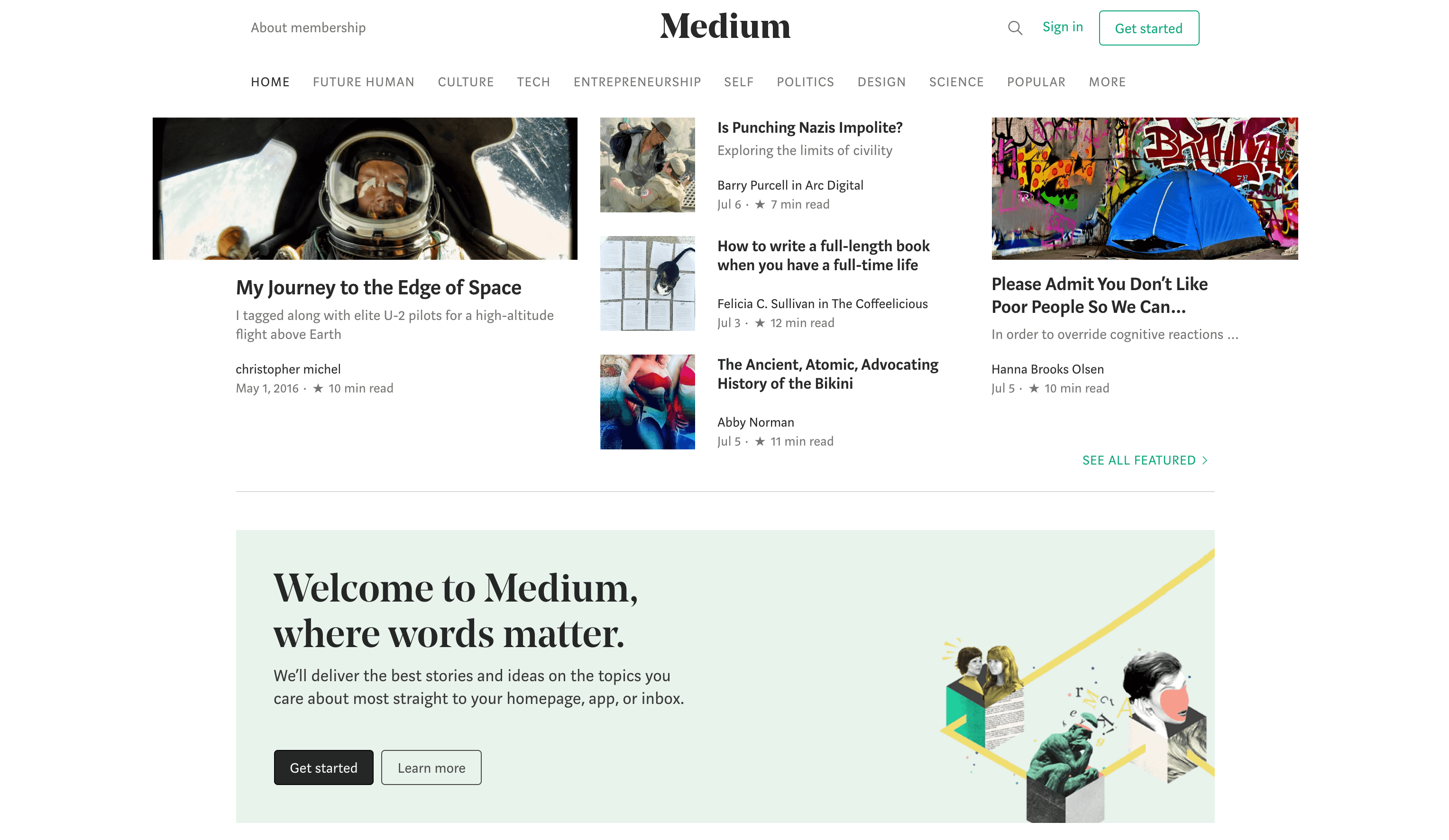 The Medium home page.