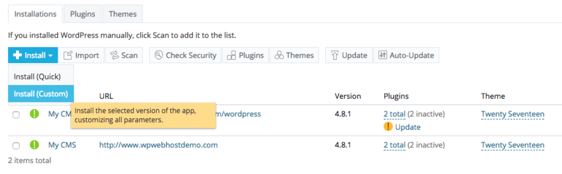 Installing WordPress using a one-click option in the WPWebHost dashboard.