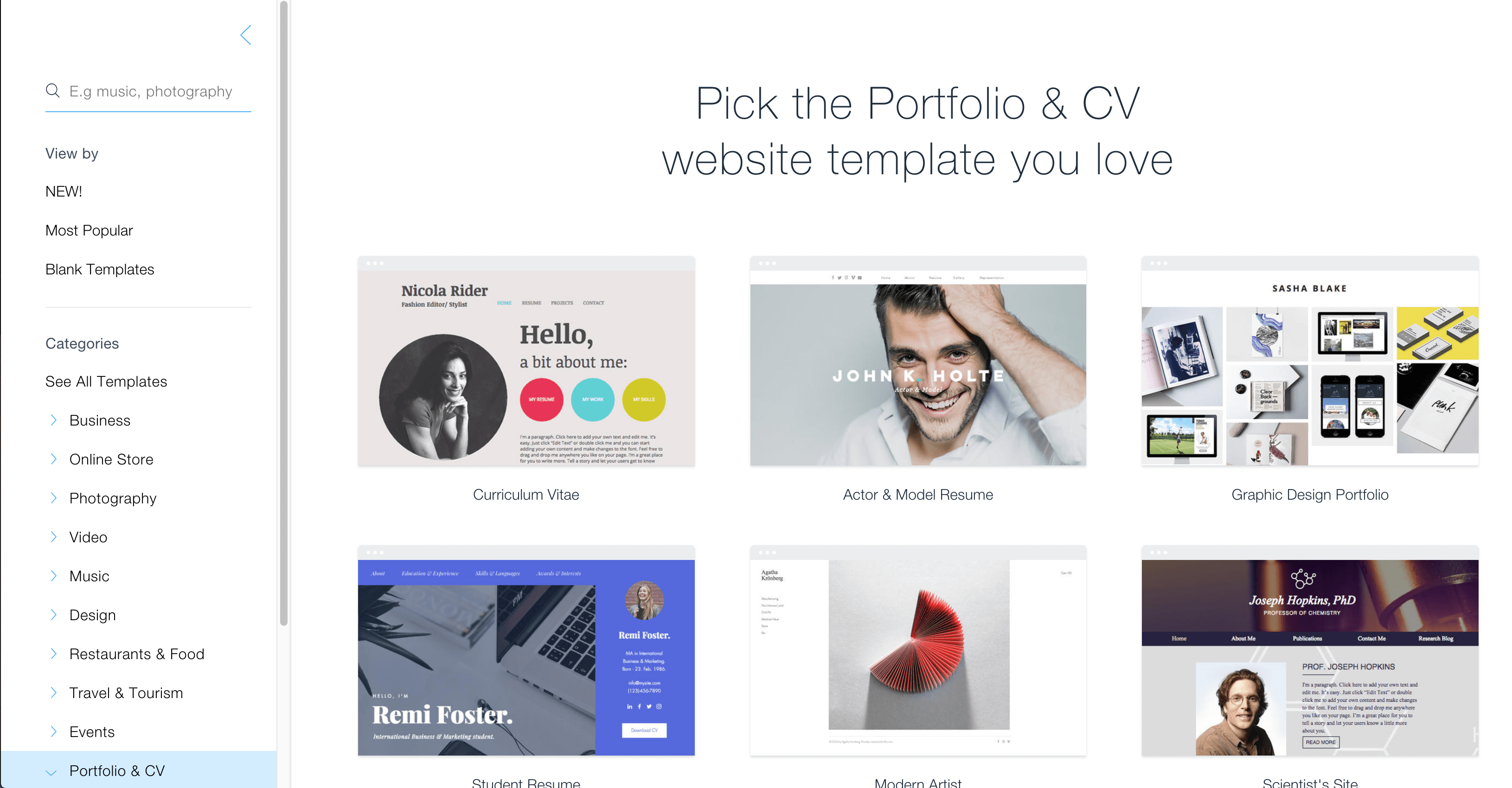 Available templates in Wix.