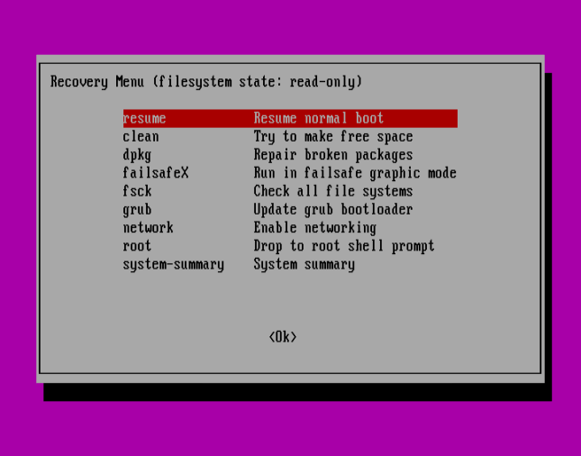 Ubuntu Recovery Menu - Resume Normal Boot