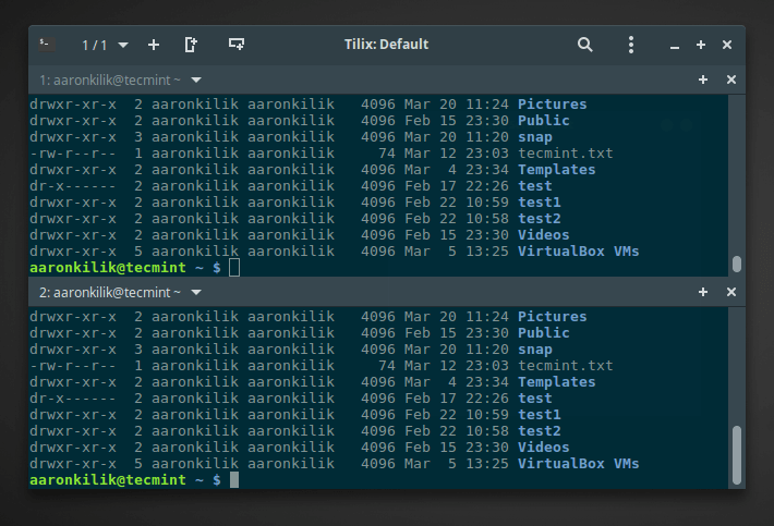 Tilix with Two Horizontal Linux Terminal Windows