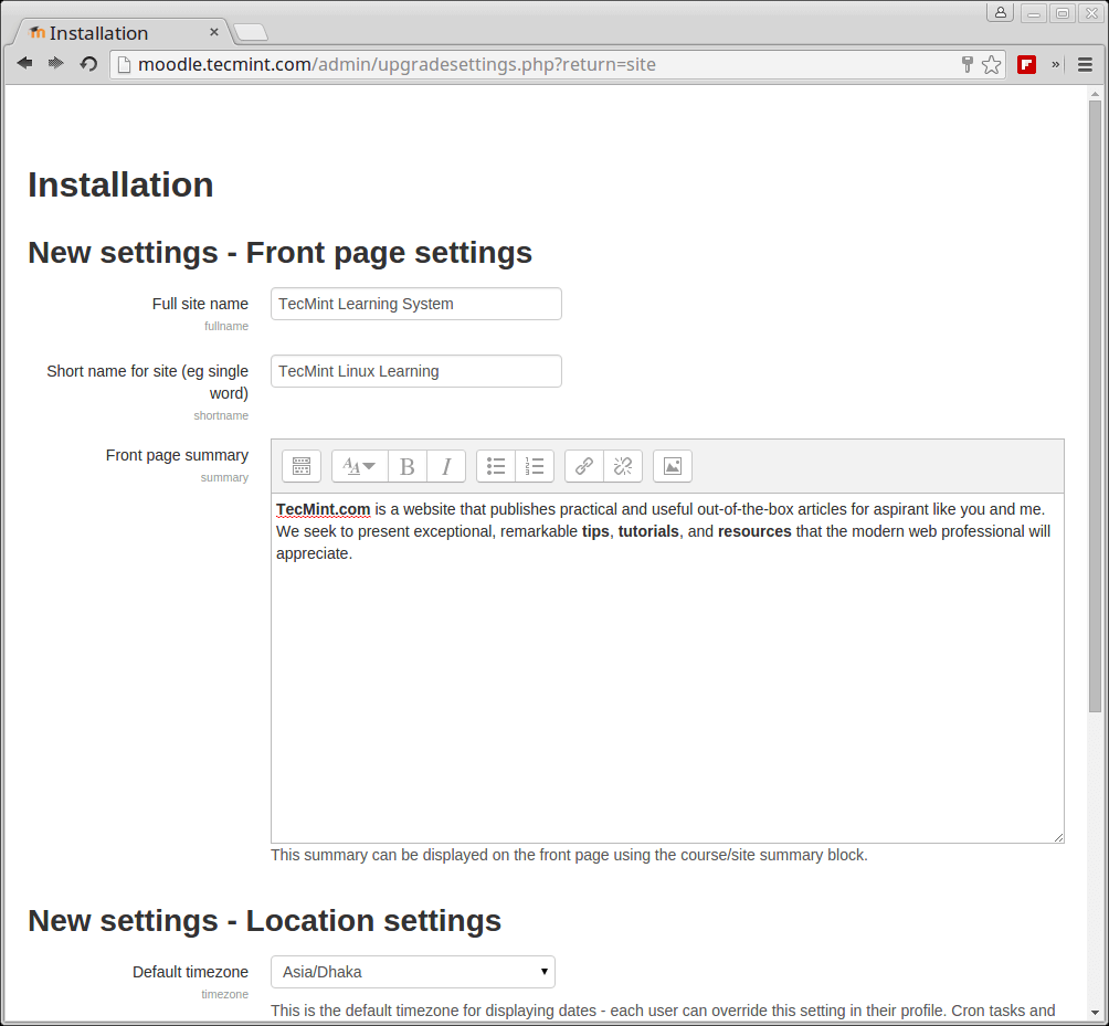 Moodle Frontpage Settings
